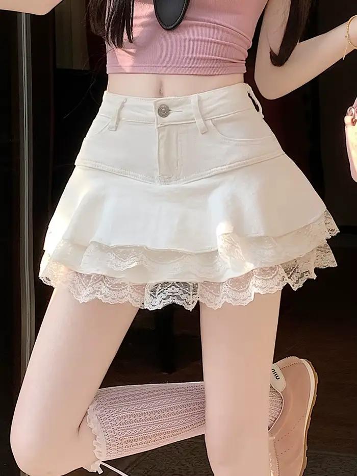 2025 été Mini Y2K Denim jupe femmes mode Streetwear volants Kawaii dentelle jupes Shorts Preppy école plissée jean jupe