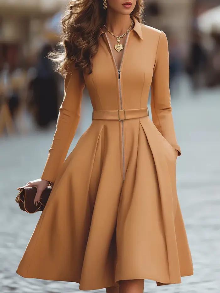 Robe midi pour femme, col chemise