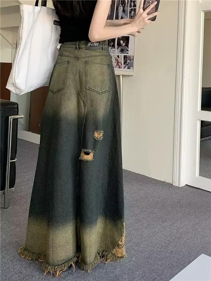 S-5XL Vintage Déchiré Trous Jeans Jupes Pompon Taille Haute Jupes sulfMaxi A-Line adt Casual Denim Jupe Streetwear 2024 Nouveau