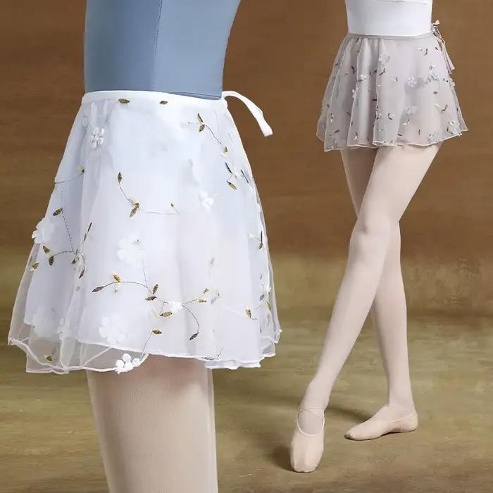 Jupes de danse de ballet pour femmes, broderie florale, mini jupes enveloppantes courtes, jupes de danse à lacets, 2 couches, jupes de performance de danse pour adultes