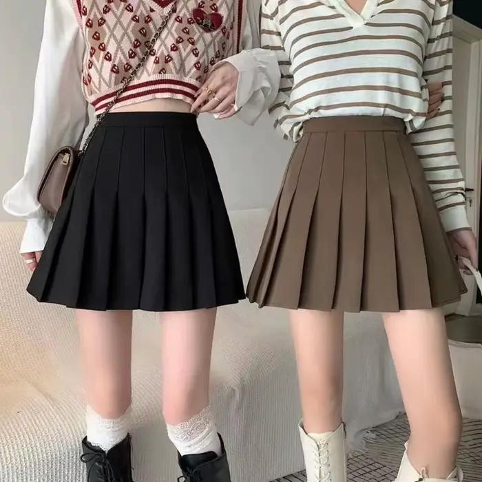Nouveau Style Preppy jupe plissée grande taille noir a-ligne