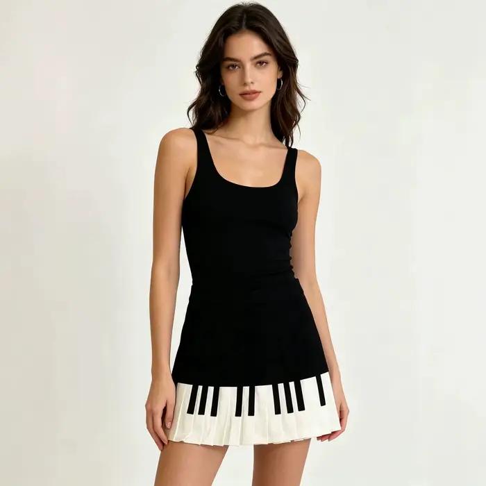 Jupe mi-longue ajustée à motif piano noir et blanc pour femme