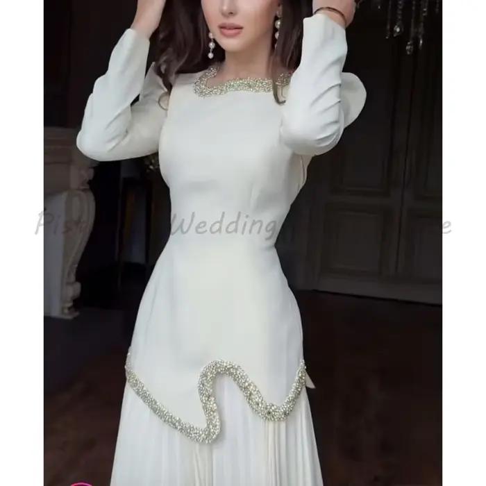 Robe de soirée en satin blanc à manches longues, ornée de cristaux, plissée, longueur ras du sol, élégante, pour invitées de mariage, robe de soirée maxi