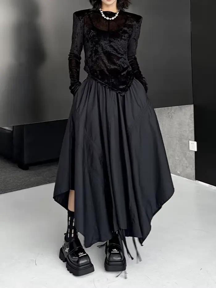[EAM] taille haute élastique noir ourlet irrégulier cordon demi-corps jupe femmes mode marée nouveau printemps automne 2026 1DJ0643
