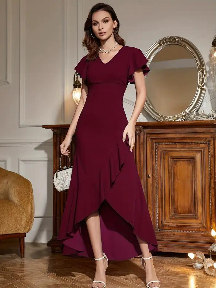 Robe à volants à col en V, robe élégante à manches courtes pour cocktail, vêtements pour femmes