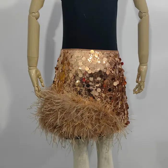 Jupe à paillettes pour femmes, longueur 38 centimètres, plus 100% plumes d'autruche, brillante, élégante, courte, taille haute, mini jupe