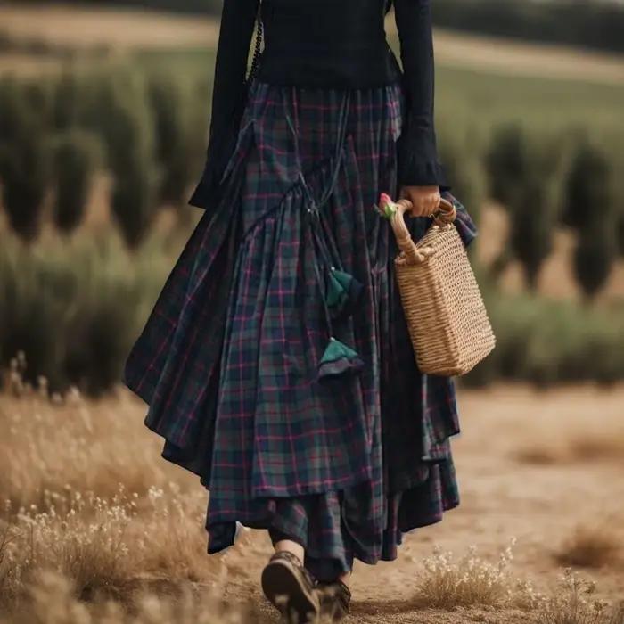 Jupe longue tartan taille haute rétro pour femmes, jupe évasée Maxi à carreaux, mode vintage, printemps, automne, 2024