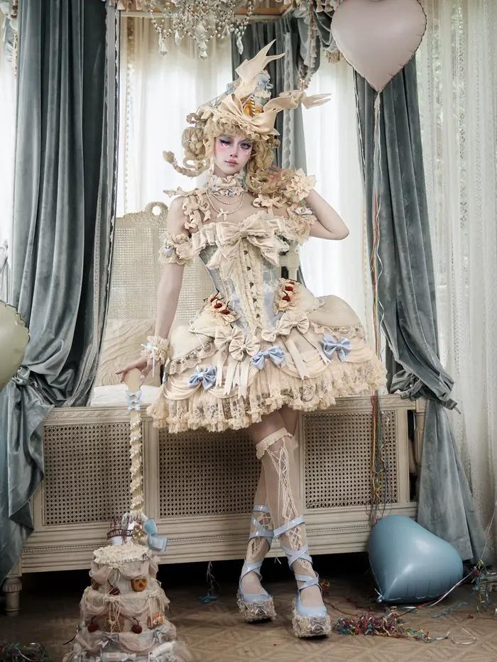 Jupe Lolita en dentelle bleue laiteuse style Rococo français original avec nœud vintage pour parties estivales et fêtes de Pâques