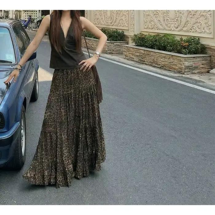 Vintage Leopard Print Skirt High Waist A-shaped Skirt