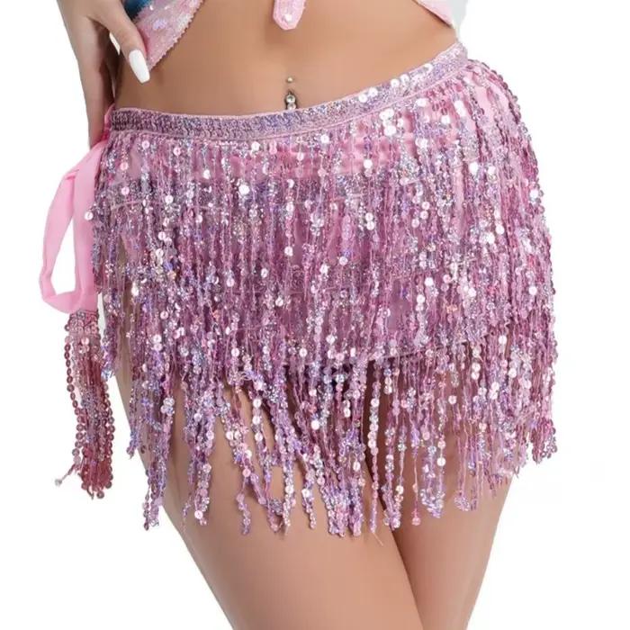 Jupe courte Hula de danse latine brillante à 4 couches, paillettes en mousseline de soie, chaîne de taille de danse du ventre, robe multicolore avec pompon, écharpe de hanche, fête