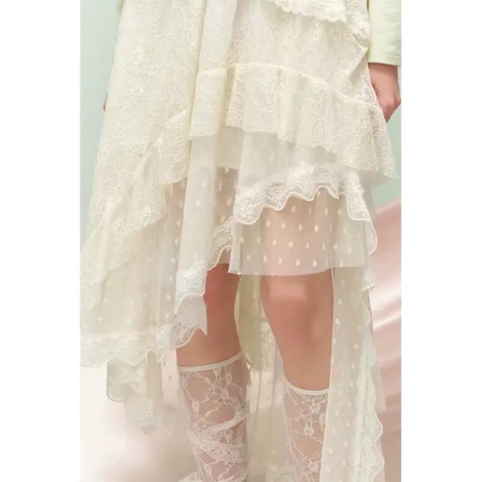 ELFSACK Jupe longue asymétrique superposée en dentelle à pois pour femme