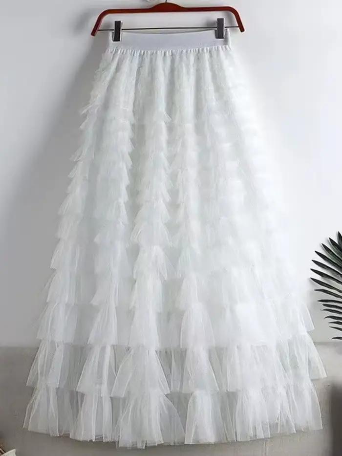 LANMREM mode maille jupe femmes taille haute a-ligne gaze épissé couleur unie jupes amples polyvalent 2025 printemps nouveau 2AA4000