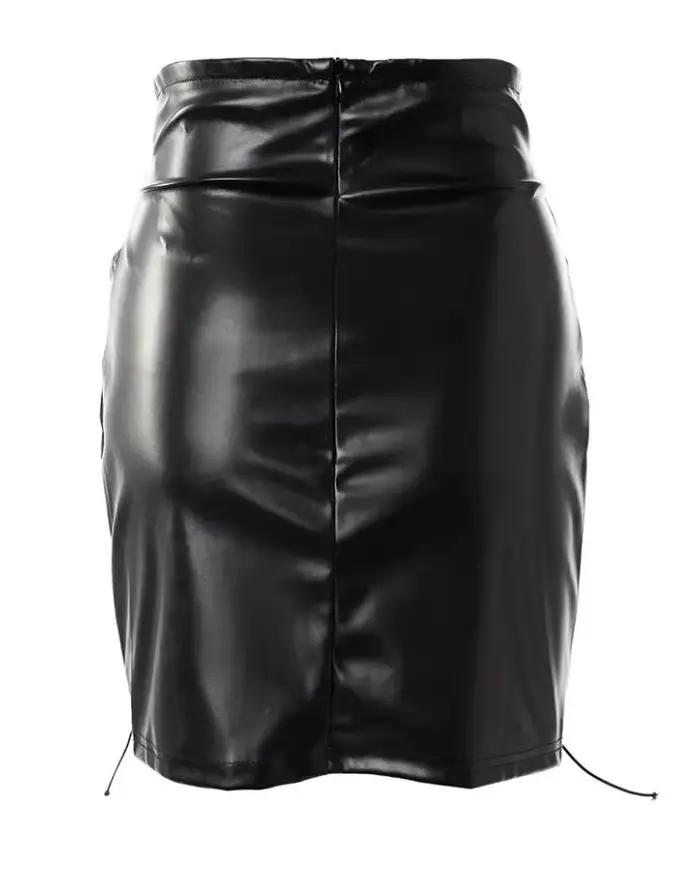 Jupes pour femme 2023 mode d'été taille haute en cuir Pu oeillet Sexy à lacets maigre plaine soirée Mini jupe