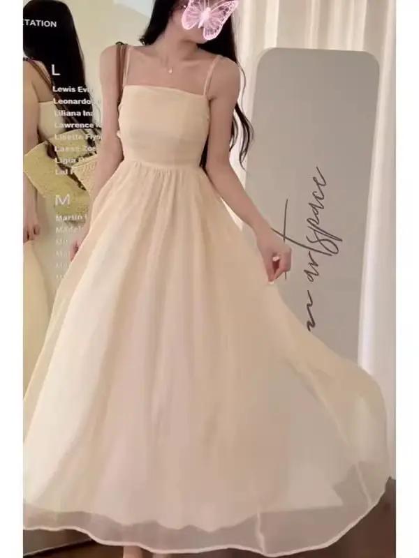 Robe camisole à breloques de style français pour femmes, une ligne, décolleté, jupe mi-longue, robe d'été, 4XIC, haute couture, 2024