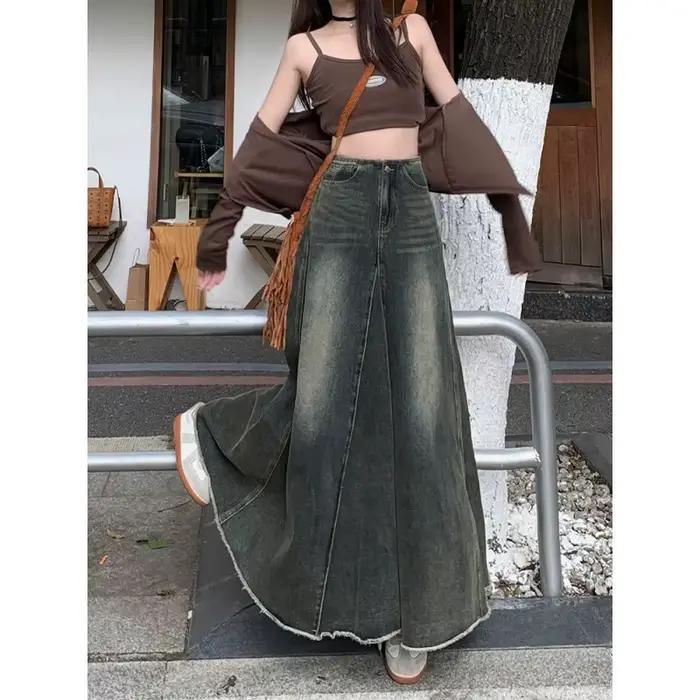 Mini-jupe en jean rétro américaine pour femme, nouvelle collection automne-hiver, taille haute, coupe ajustée, mi-longue, style A-line, jupe évasée à queue de poisson