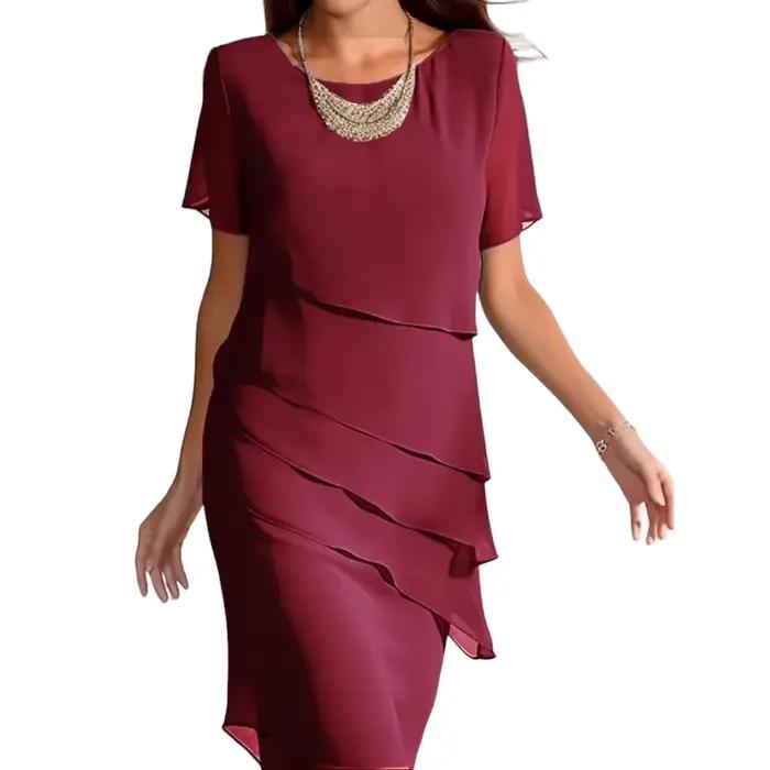 Robe mi-longue en mousseline de soie pour femmes, ligne a, col rond, manches courtes, élégante, robe de soirée, couleur unie, été 2025