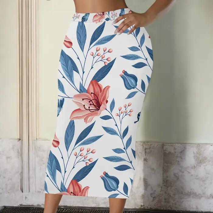 Jupe à imprimé floral, motif de feuilles bleues