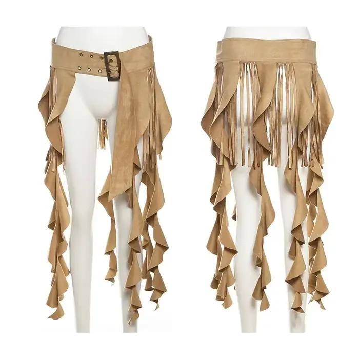 Jupe à volants irréguliers avec ceinture à pompons, ceintures ajustables à pompons longs pour femmes, mini-jupe décontractée et accrocheuse, jupe de vacances