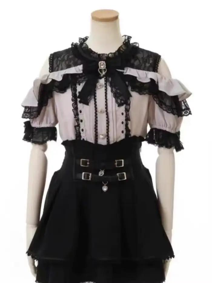 Jirai Kei Sweet Lolita Skort 2024 été-Double nœud papillon taille haute jupe courte avec boucle en cuir coupe ajustée