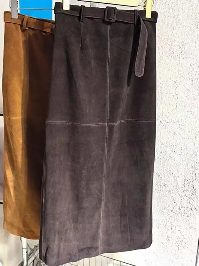Jupes longues rétro en daim et cuir véritable pour femmes