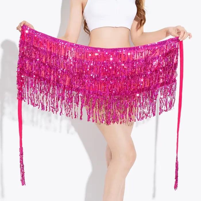 Jupe courte Hula de danse latine brillante à 4 couches, paillettes en mousseline de soie, chaîne de taille de danse du ventre, robe multicolore avec pompon, écharpe de hanche, fête