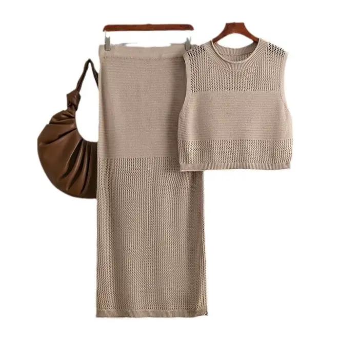 Jupe costume femmes tricot 2 pièces ensembles haut gilet jupes longues évider tricoté Ensemble