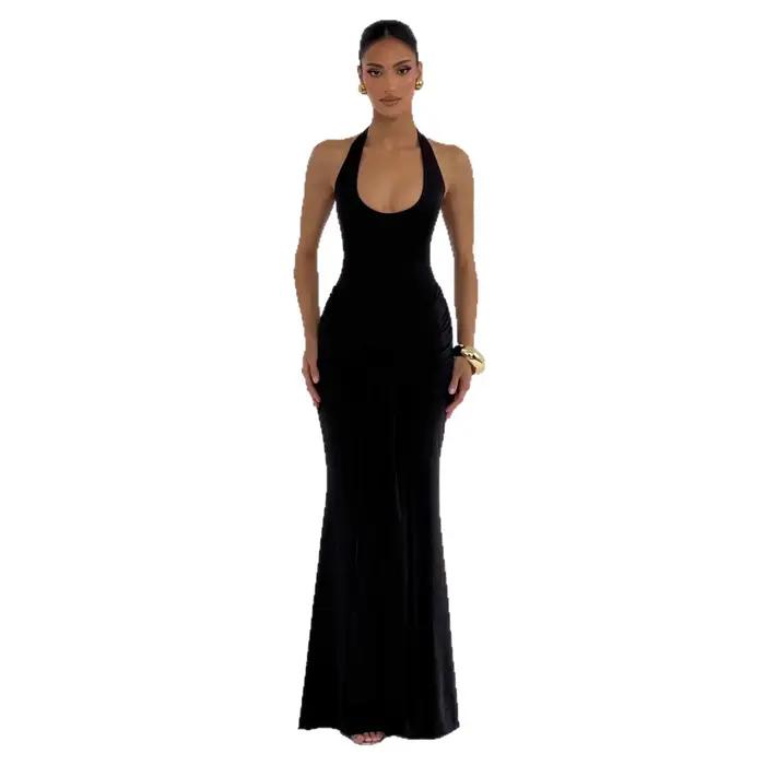 Robe longue élégante à col en U et ceinture