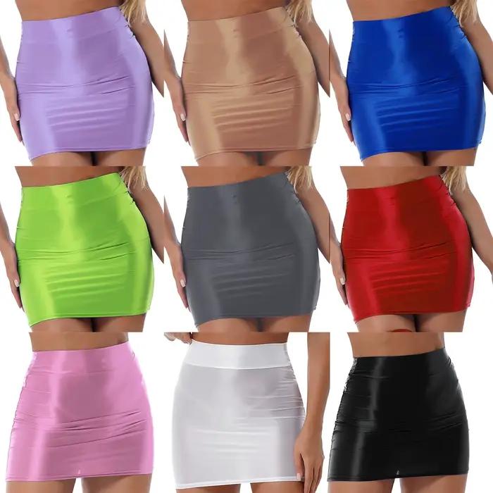 Sexy brillant couleur unie jupes crayon nouveauté mode décontracté taille haute ceinture élastique mini-jupe