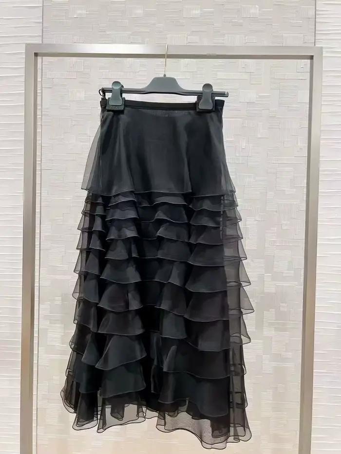 Jupe trapèze asymétrique taille haute pour femme en soie à volants