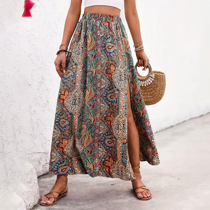 Bohème Boho rétro imprimé fleuri jupes femmes Indie Folk été taille haute a-ligne plissée