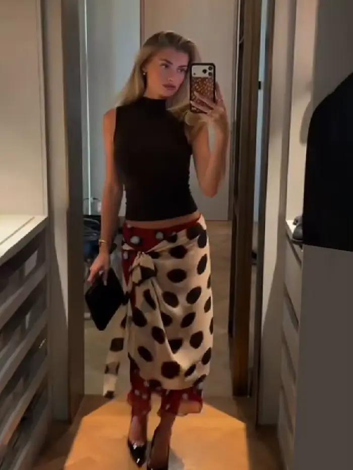 Jupe portefeuille chic rétro à pois bicolore pour femme, taille haute en mousseline, élégante jupe midi décontractée pour l'été et le streetwear