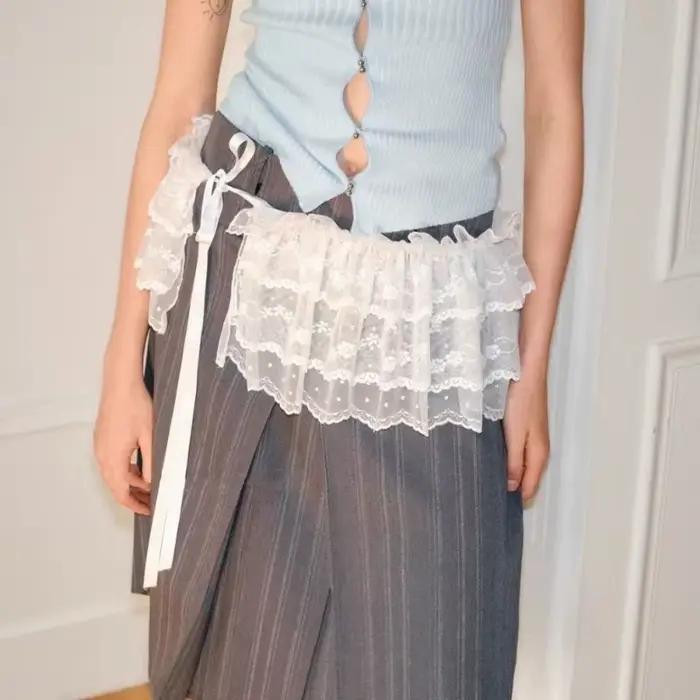 Femmes Y2K coréen dentelle Mini jupe superposée Streetwear à lacets volants Harajuku taille haute plissée dames