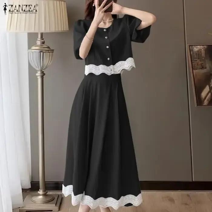 ZANZEA Ensemble de jupe et chemisier à manches bouffantes en dentelle vintage française