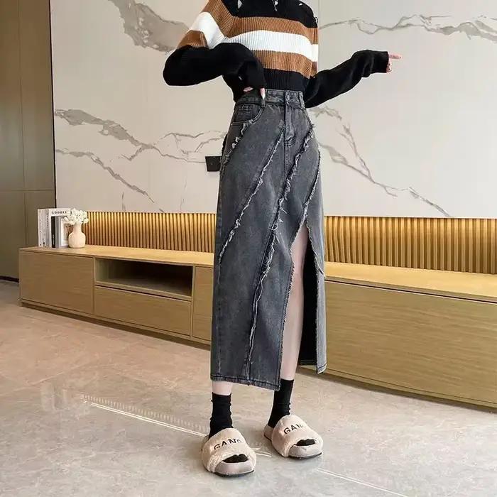 Jupe mi-longue évasée taille haute amincissante avec franges asymétriques pour femme
