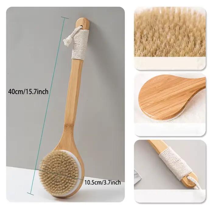 Brosse pour le dos à long manche pour exfolier la peau avec des poils – Brosse pour le corps du dos en bois pour le brossage et l'épurateur sec pour la douche