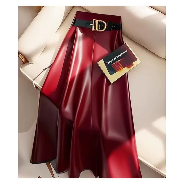 Jupe mi-longue en cuir PU rouge pour femmes