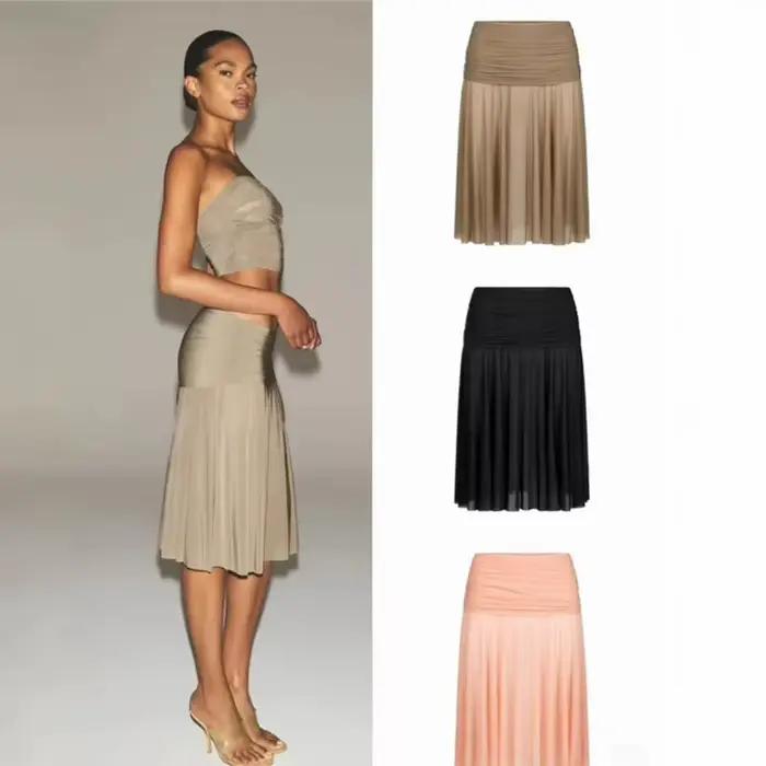 Jupe plissée taille moyenne pour femmes, tenue élégante, couleur unie, mi-longue, douce et romantique, au-dessus du genou, printemps-automne
