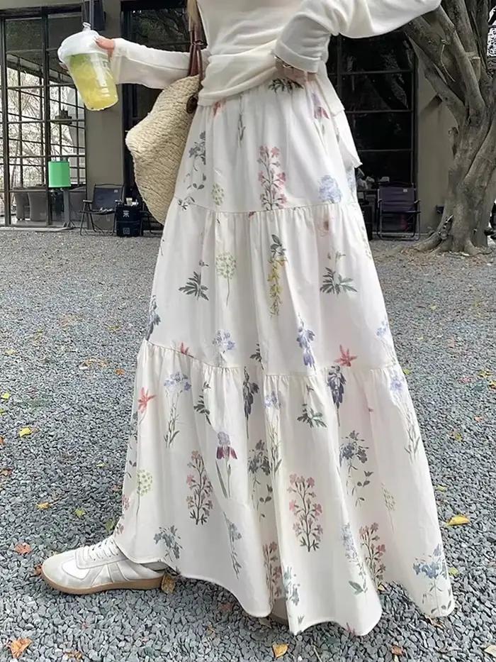 Jupes longues florales femmes douce taille haute mode élégante une ligne jupe décontracté Style Preppy français ample