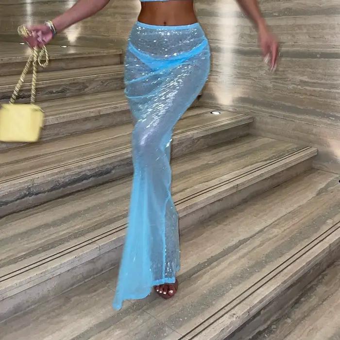 Y2K – jupe transparente à paillettes scintillantes pour femmes