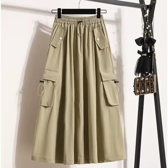 # Jupes cargo d'été 1708 pour femmes, jupes trapèze à poches latérales, jupes midi amples style streetwear, taille élastique, style français