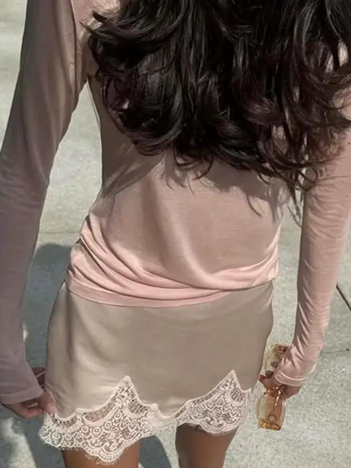 Jupe Mini Satin Dentelle pour Femmes Junior Style Sexy et Club Occasions Spéciales Automne Été