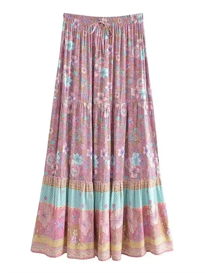 Boho Dinner ens-Jupe maxi plissée à pompons pour femmes, taille élastique, imprimé floral bleu, rayonne, plage, été, hiphélicoptère, vintage