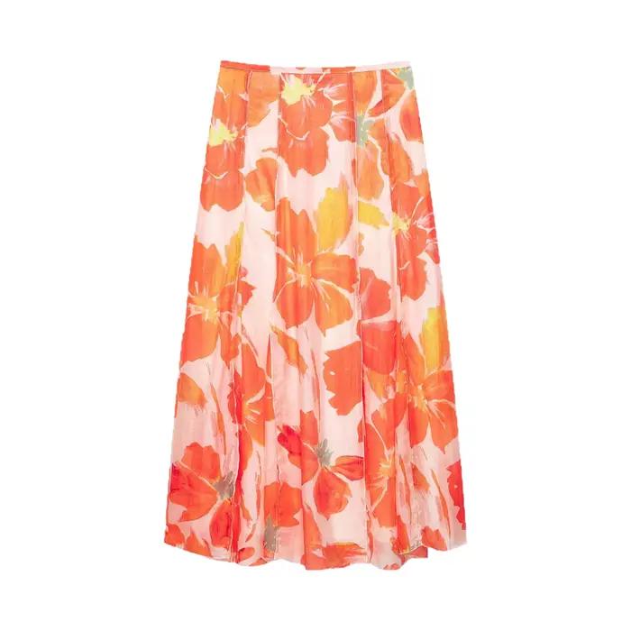 Jupe midi amincissante taille haute imprimée