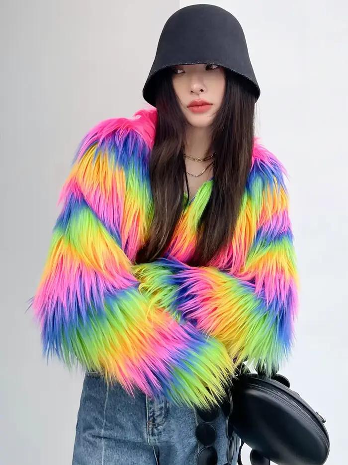 Manteau en fausse fourrure arc-en-ciel pour femme, Streetwear chaud pour femme, col rond, manches longues, vêtements d'extérieur d'hiver