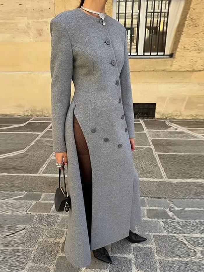 Manteau Long en laine grise pour femmes, col rond, manches longues, boutons asymétriques, Design, Silhouette élégante, vêtements d'extérieur chauds, manteau d'automne 2025