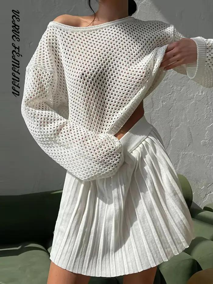 Ensemble haut tricoté ajouré et mini-jupe plissée pour femme, hauts amples à manches longues col rond sexy, jupes à taille élastique, tenues chics pour femmes