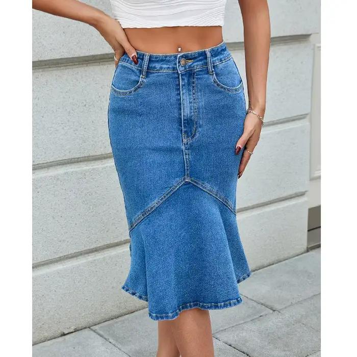 Femmes taille haute jupes en jean longueur genou jupe en jean extensible