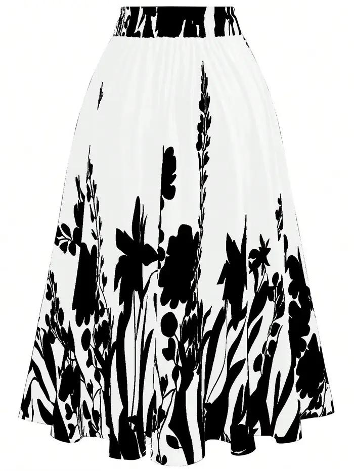 Jupe midi à imprimé floral taille haute pour femme - Jupe évasée noire et blanche avec ceinture élastique pour l'été et le printemps