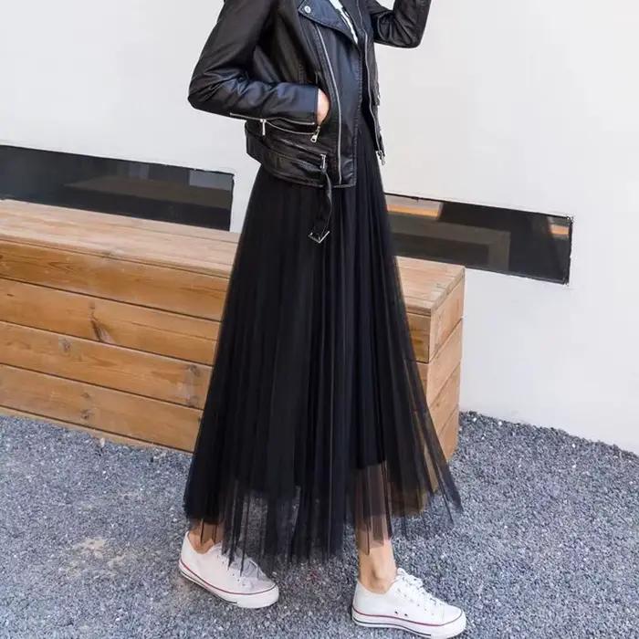 Vintage Tulle jupe femmes Streetwear élastique taille haute maille jupes plissées été élégant coréen une ligne bureau dames jupe nouveau