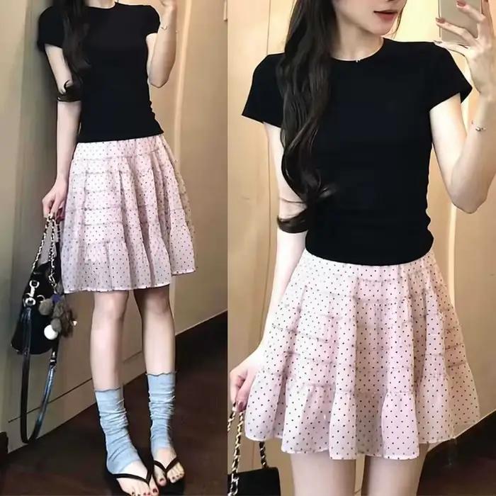 Jupe rose à pois en gaze pour femme